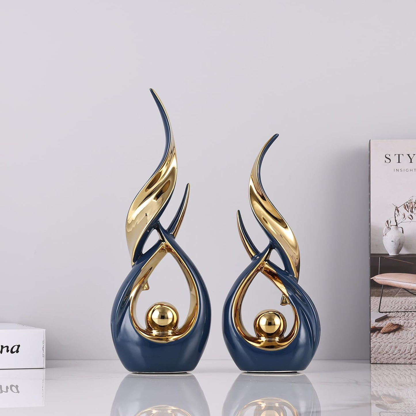 2 PCS Blue Gold Ceramic Statues For Home Decor Accents, Modern Abstract Art Sculptures, Elegant Tabletop Decorative Objects For Dining Room, Entryway, Tv Stand, Mantel, Coffee Table Centerpieces