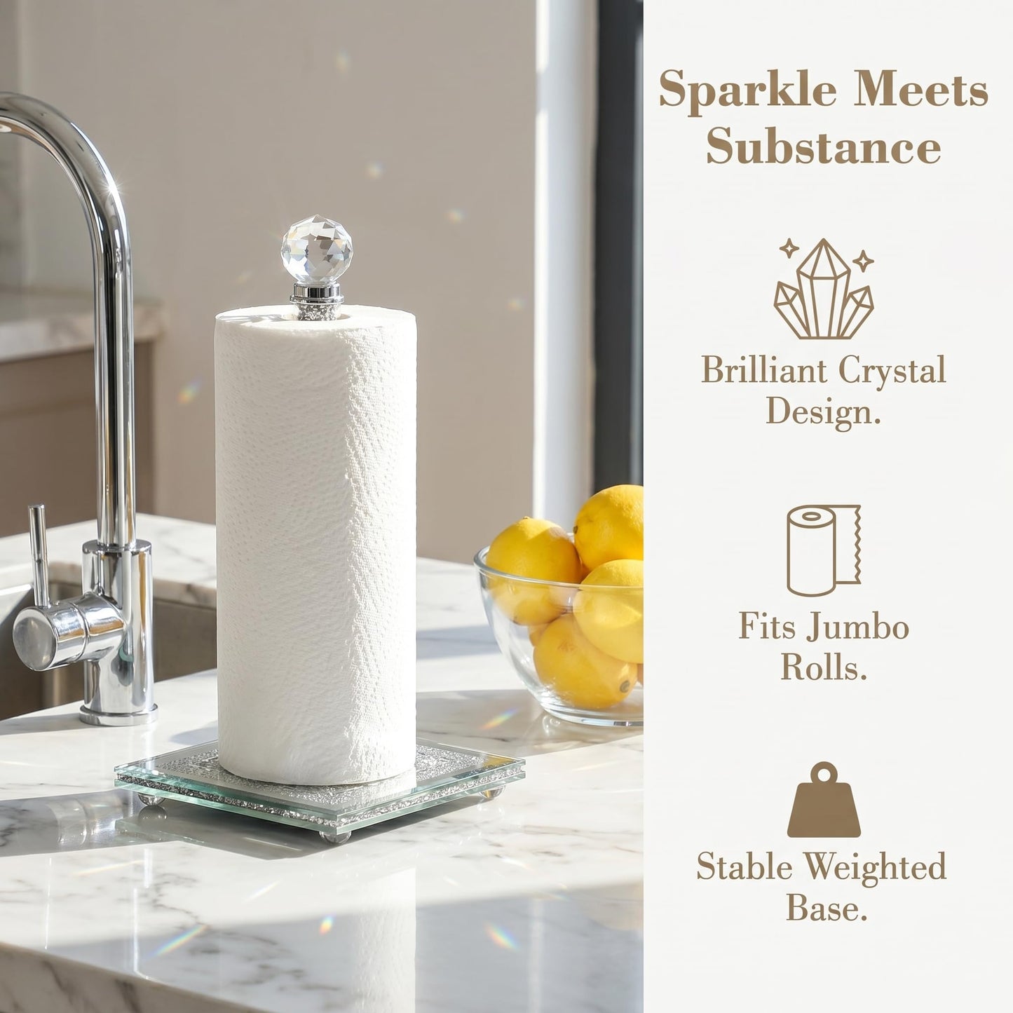 Suwimut Paper Towel Holder Countertop, Silver Paper Towel Roll Dispenser Stand Weighted Base Non Slip Filled with Sparkly Crystal Crushed Diamond for Home Kitchen Bathroom Tabletop