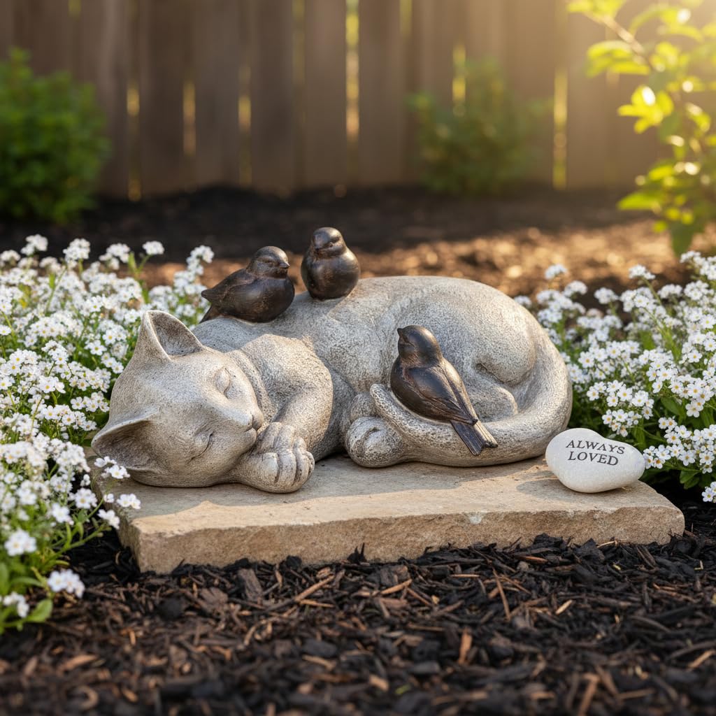 Comfy Hour 4.7" Sleeping Cat with Sparrows Garden Statue, Stone Look Cat Memorial Accent for Outdoor Indoor, Unique Cat Lover Present for Women, Sympathy Pet Remembrance Figurine, 1 Unit