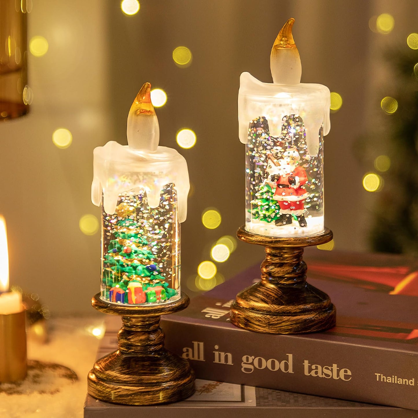 Flameless Snow Globe Candles, Battery Opered Christmas Candles Light with Swirling Glitter, Safe Fairy Tale Taper Candle for Home Fireplace Table Holiday Decor (Santa Claus)