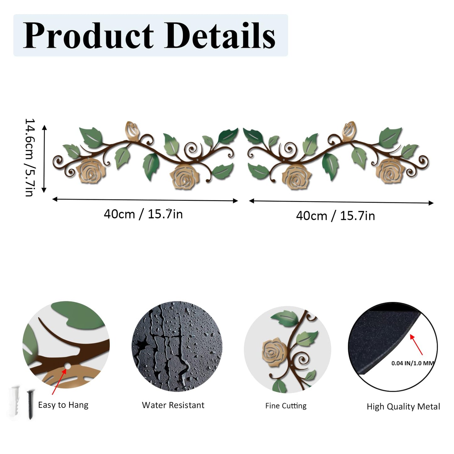 DUOOLN 2 Pcs Metal Rose Tree Leaf Wall Decor, Long Iron Scroll Vine Wall Art, Rustic Hanging Sign Flowers Sculpture, For Above Door Living Room Office Indoor And Outdoor Decoration - Rose Gold