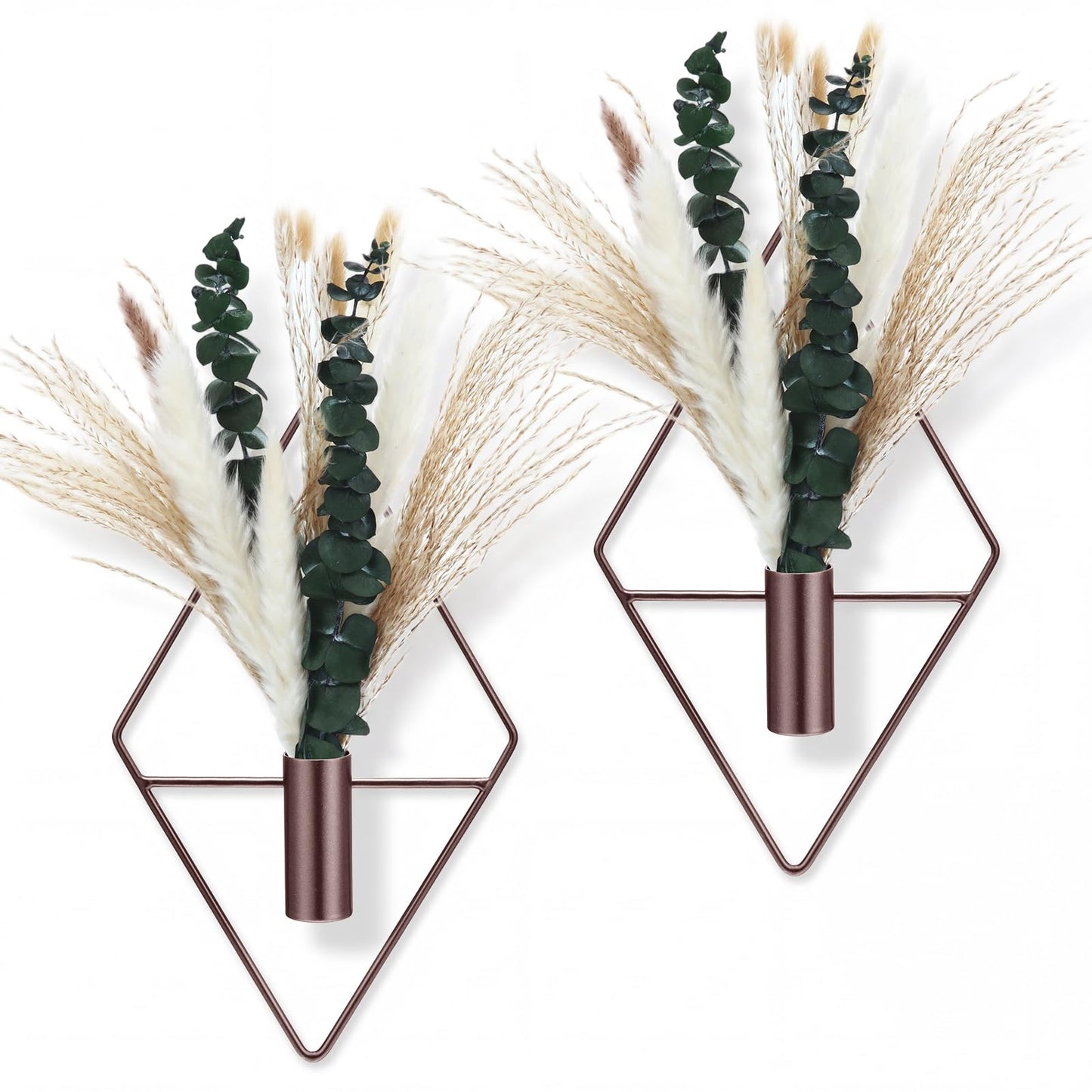 Canlierr 4 Pcs Bronze Wall Decor Hanging Planters with Artificial Plants Eucalyptus Pampas Grass Metal Hanging Vase Indoor Plants Holder Modern Boho Wall Art for Bathroom Bedroom Living Room Decor