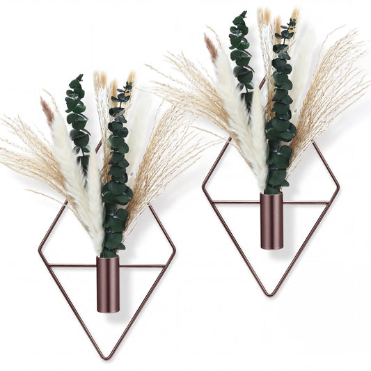 Canlierr 4 Pcs Bronze Wall Decor Hanging Planters with Artificial Plants Eucalyptus Pampas Grass Metal Hanging Vase Indoor Plants Holder Modern Boho Wall Art for Bathroom Bedroom Living Room Decor