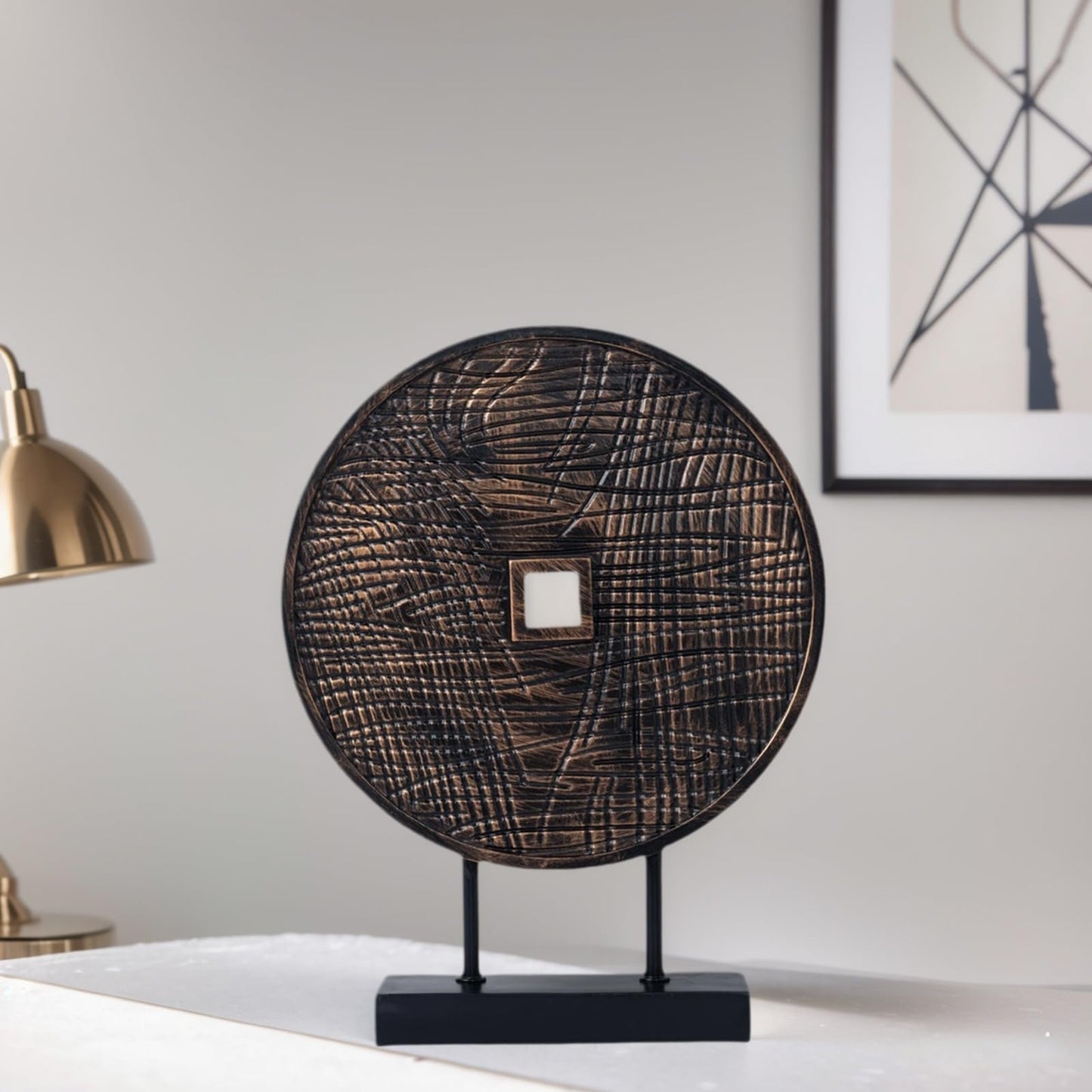 LuckySunDecorQZ Unique Round Coin Sculpture Decorative Objects for Shelf Home Decor Accents, Modern Abstract Tabletop Decor Items for Living Room Fireplace Mantel, Above Cabinet (Black)