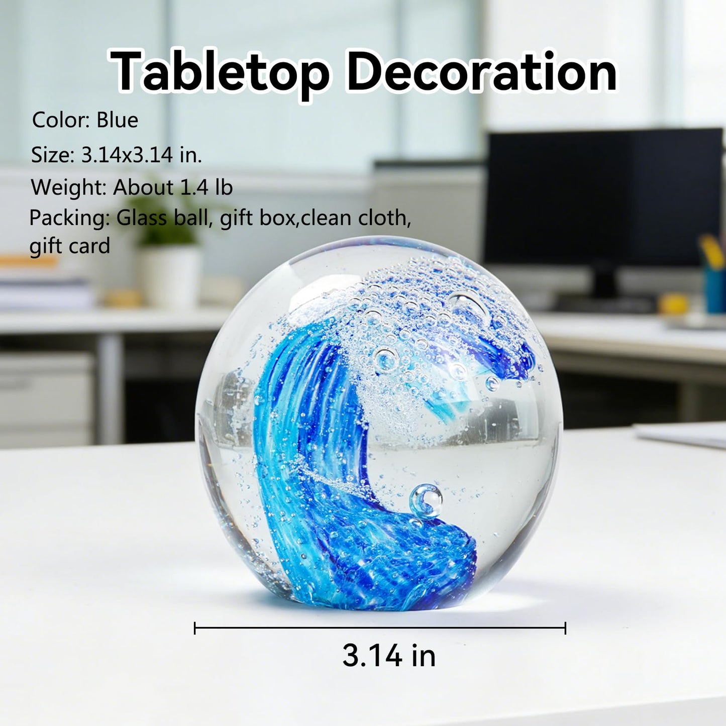 Oiexgu Hand Blown Ocean Wave Glass Ball Paperweight Sea Glass Ball,Beach Home Decoration Collectible Figurines Ball,Aquarium Decor Office Desk & Bathroom Decor,Unique Gift Ocean Lovers
