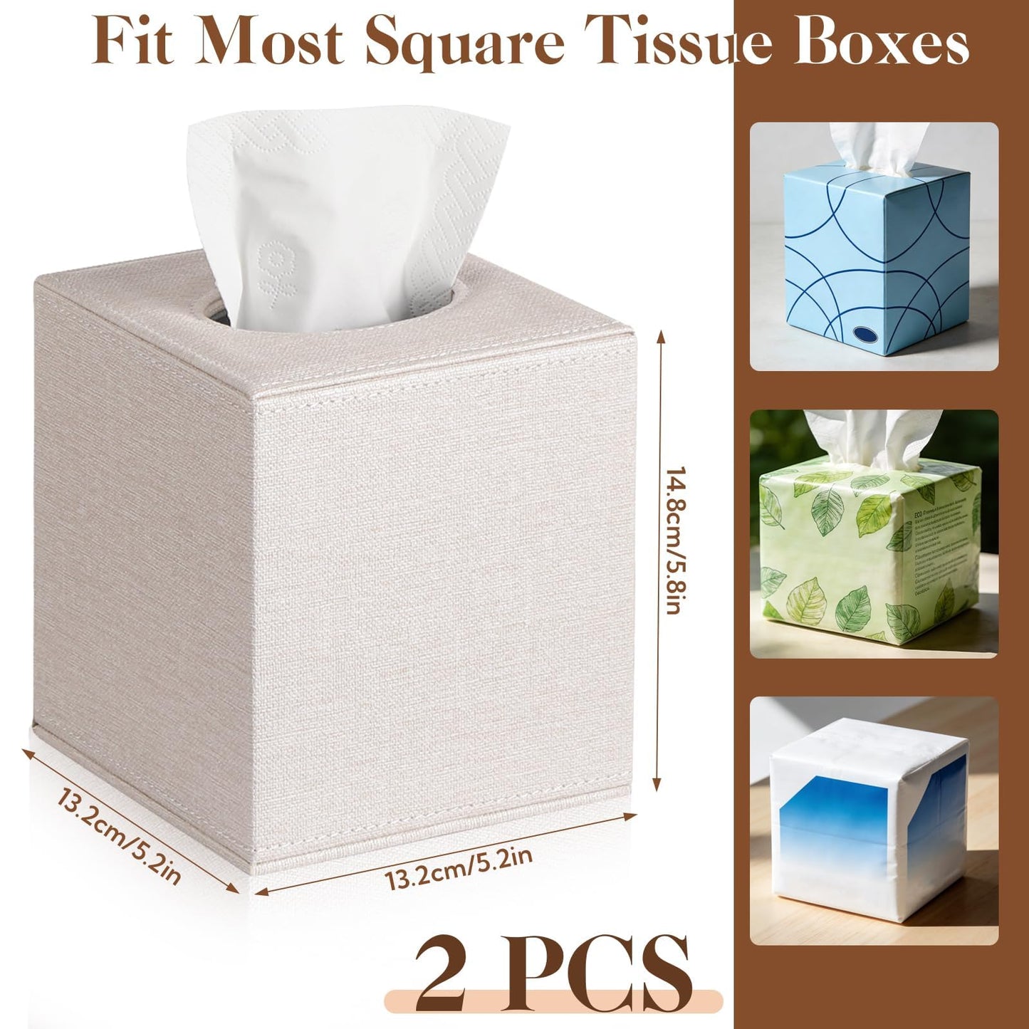VZZNN 2 Pack Tissue Box Cover Square - Modern Cube Tissue Holder with Magnetic Base, Decorative Tissue Organizer for Bathroom Vanity, Dresser, Countertop, Bedroom, Office, and Car, Beige