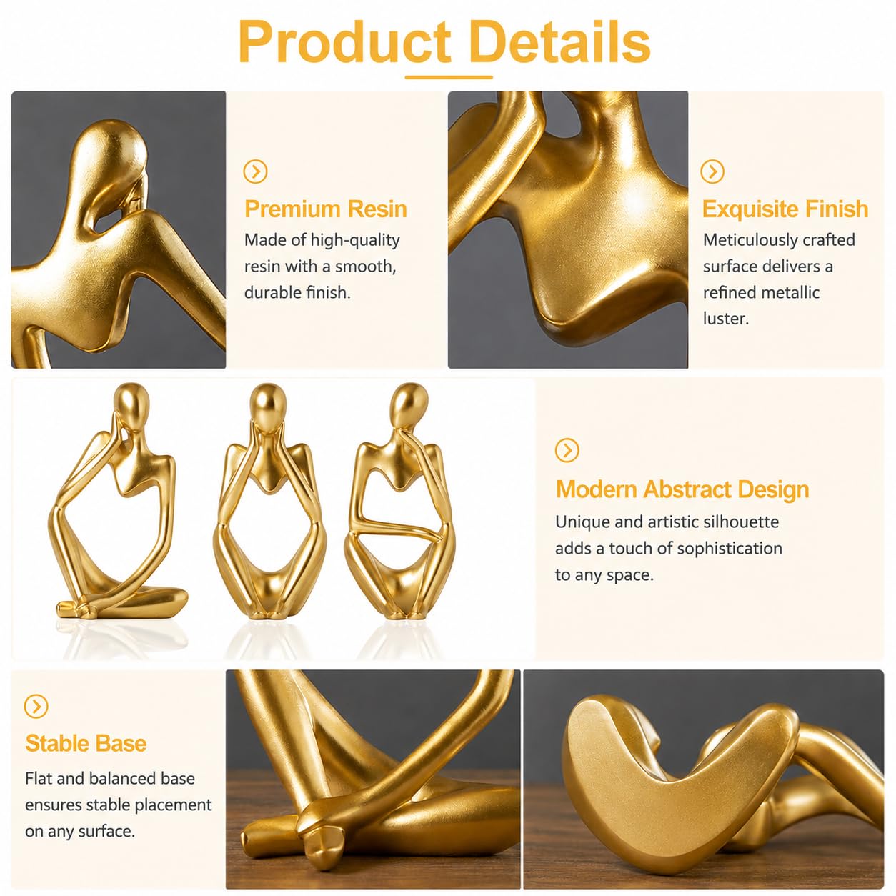 Rosechen Thinker Abstract Ornamental Figurines Statues Decoration(3 Gold)