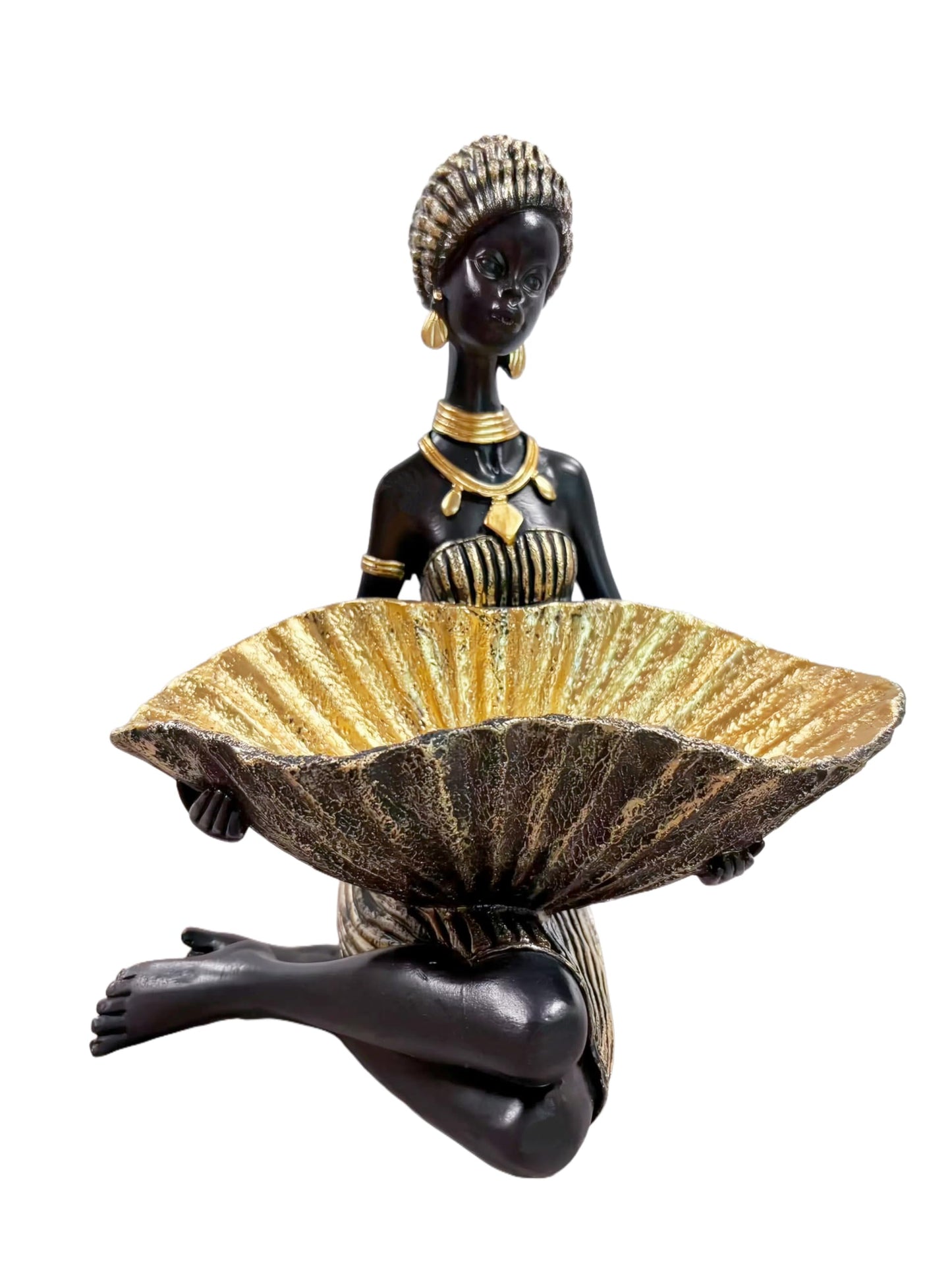 Dwelloria African Woman Kneeling Statue with Large Leaf Bowl – Resin Figurine, Black and Gold Cultural Sculpture, African Decor Candy Jewelry Dish