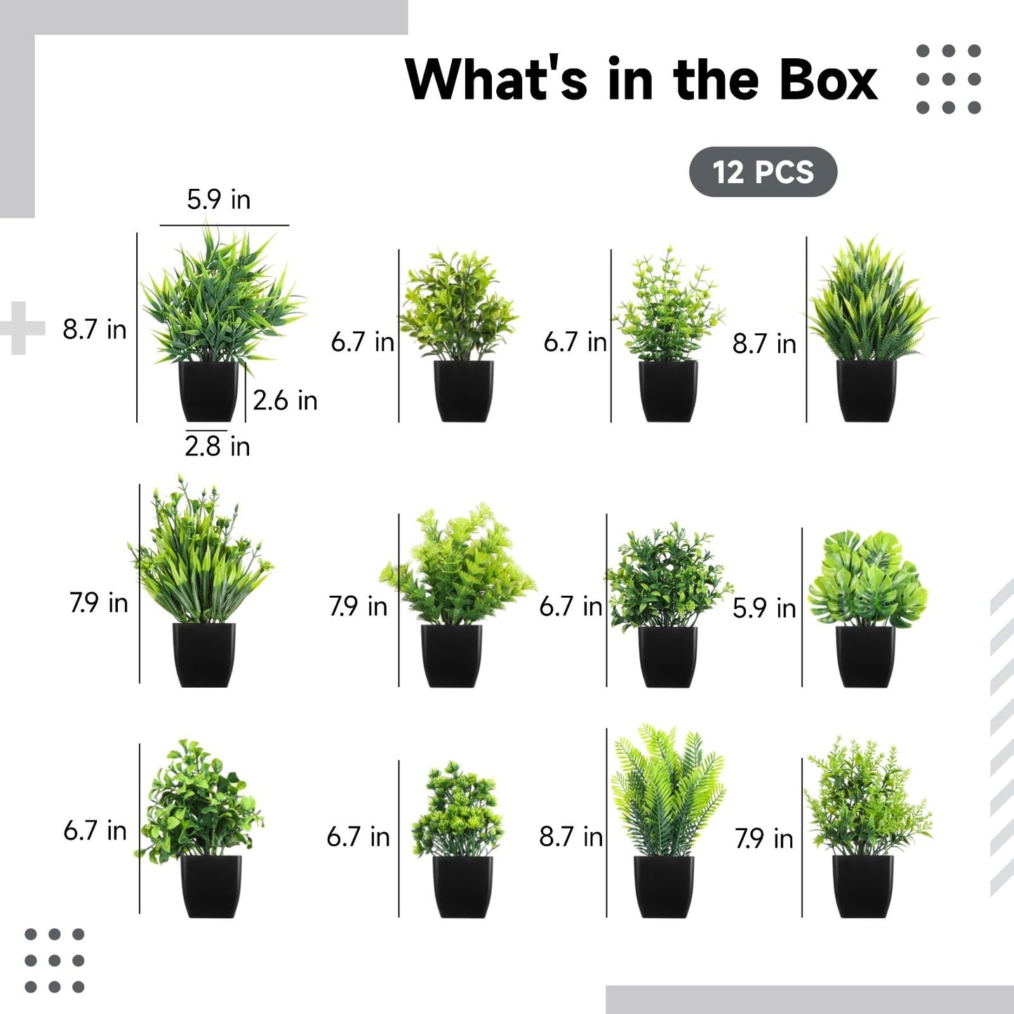 12 Pack Fake Plants in Black Pots, Mini Artificial Eucalyptus Potted Plants, Small Realistic Faux Greenery Fern Plants for Living Room, Bathroom, Office Table Decor