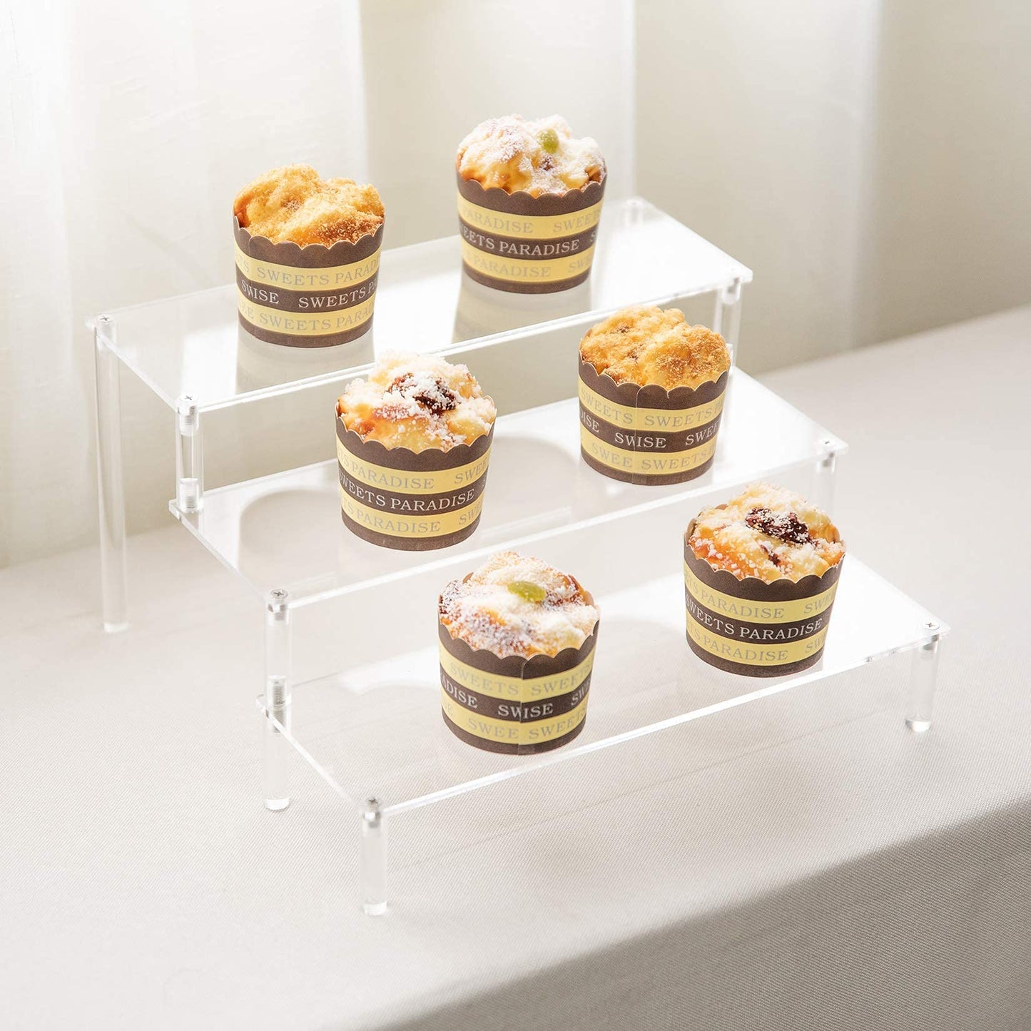 BYCY Clear Acrylic Display Stand Display Shelf, 3 Tier Desserts Holder,3 Tier Cupcake Display Risers Steps for Organizer and Decoration (1 Pack - 12" x 10.2" x 6.3")