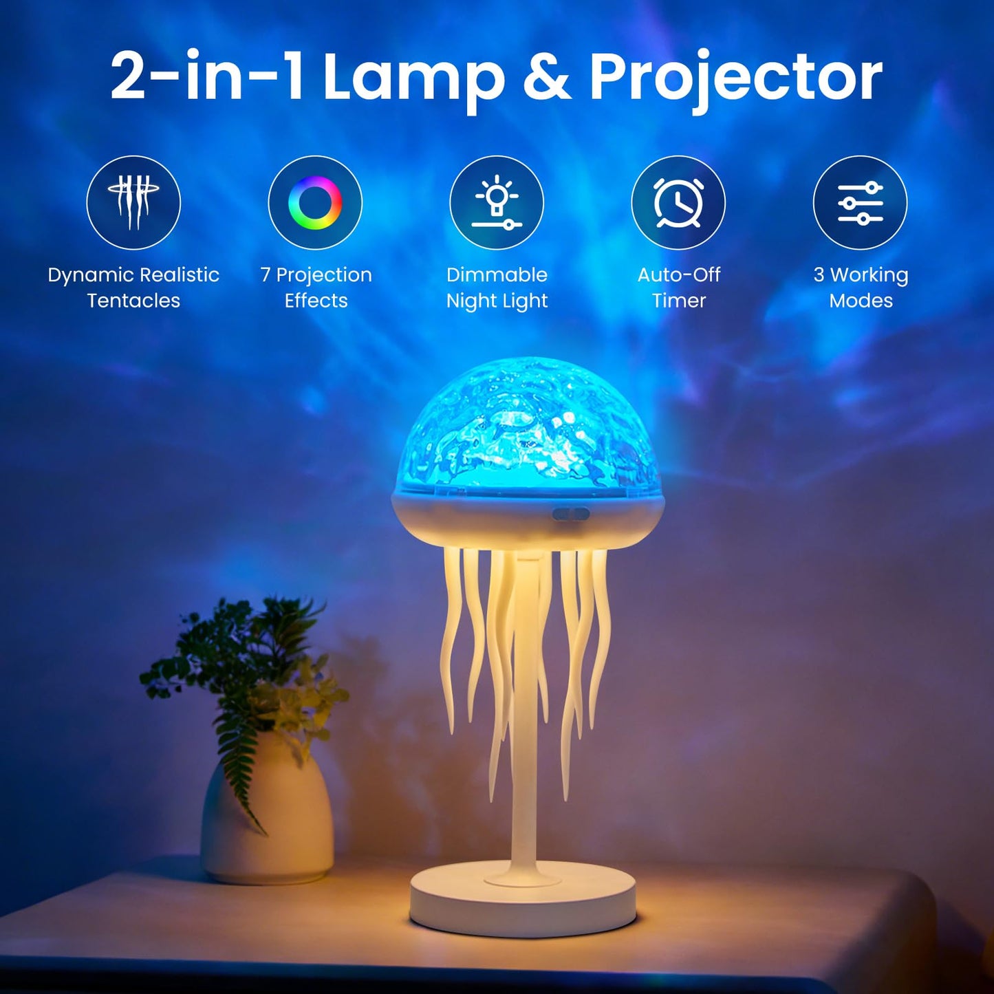 YzzYzz Jellyfish Lamp with Ocean Wave Projector Light, 2-in-1 Rechargeable Night Light with Remote, 3D Water Ripple Color Changing Lamp for Bedroom, Kids Room