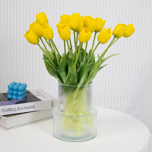 20 Pcs Real Touch Artificial Tulips with Vase, Large Faux Flower Arrangement in Heavy Fluted Glass, Bouquet for Dining Table Centerpiece, Home Office, Spring Decor, Set with Dust Bag (Yellow)