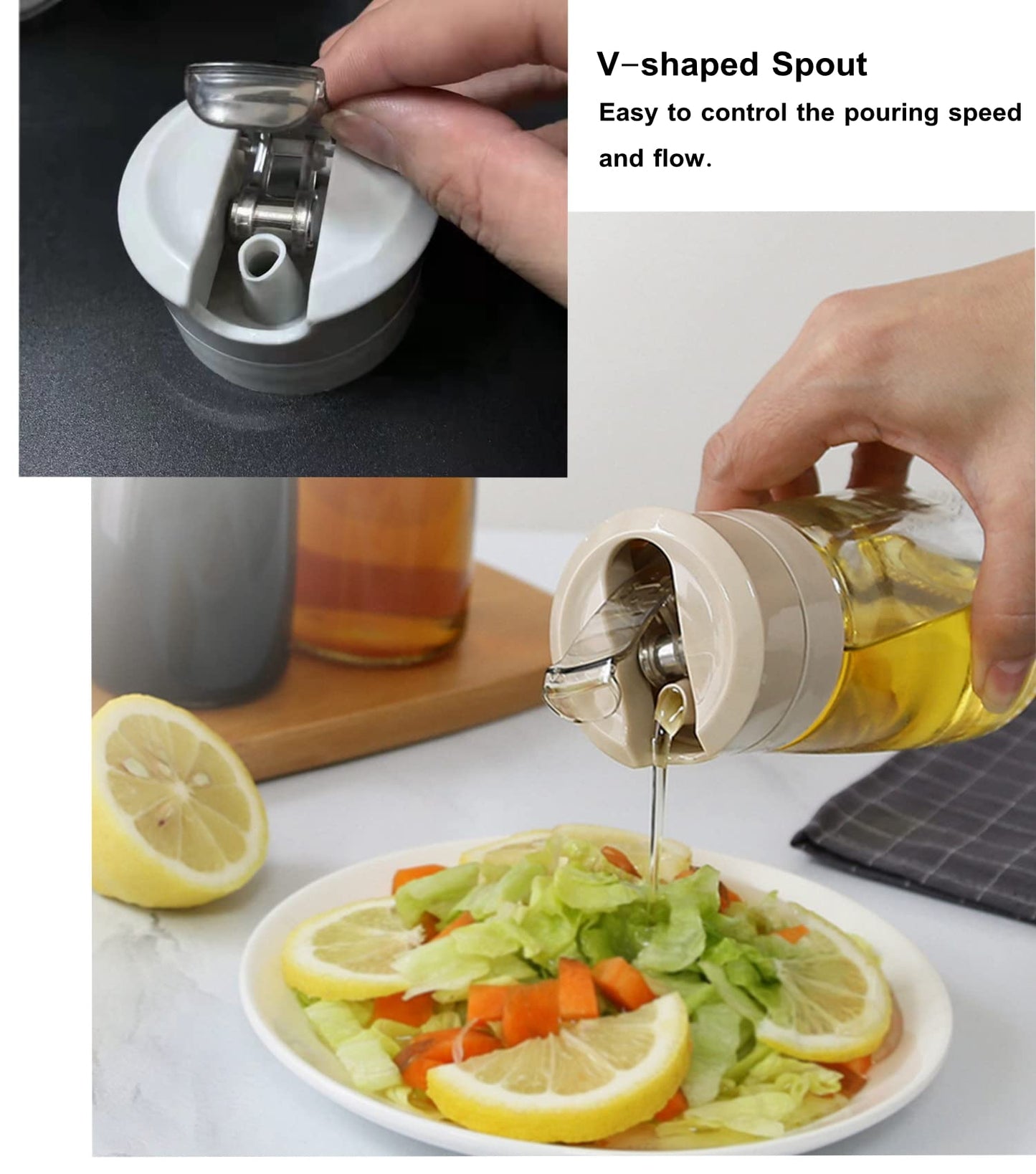TIAN CHEN Soy Sauce Dispenser Set, Auto Flip Cap Vinegar Bottles, 3 in 1 Leakproof Glass Cooking Oil Container with Base Small(8.5OZ, Apricot)