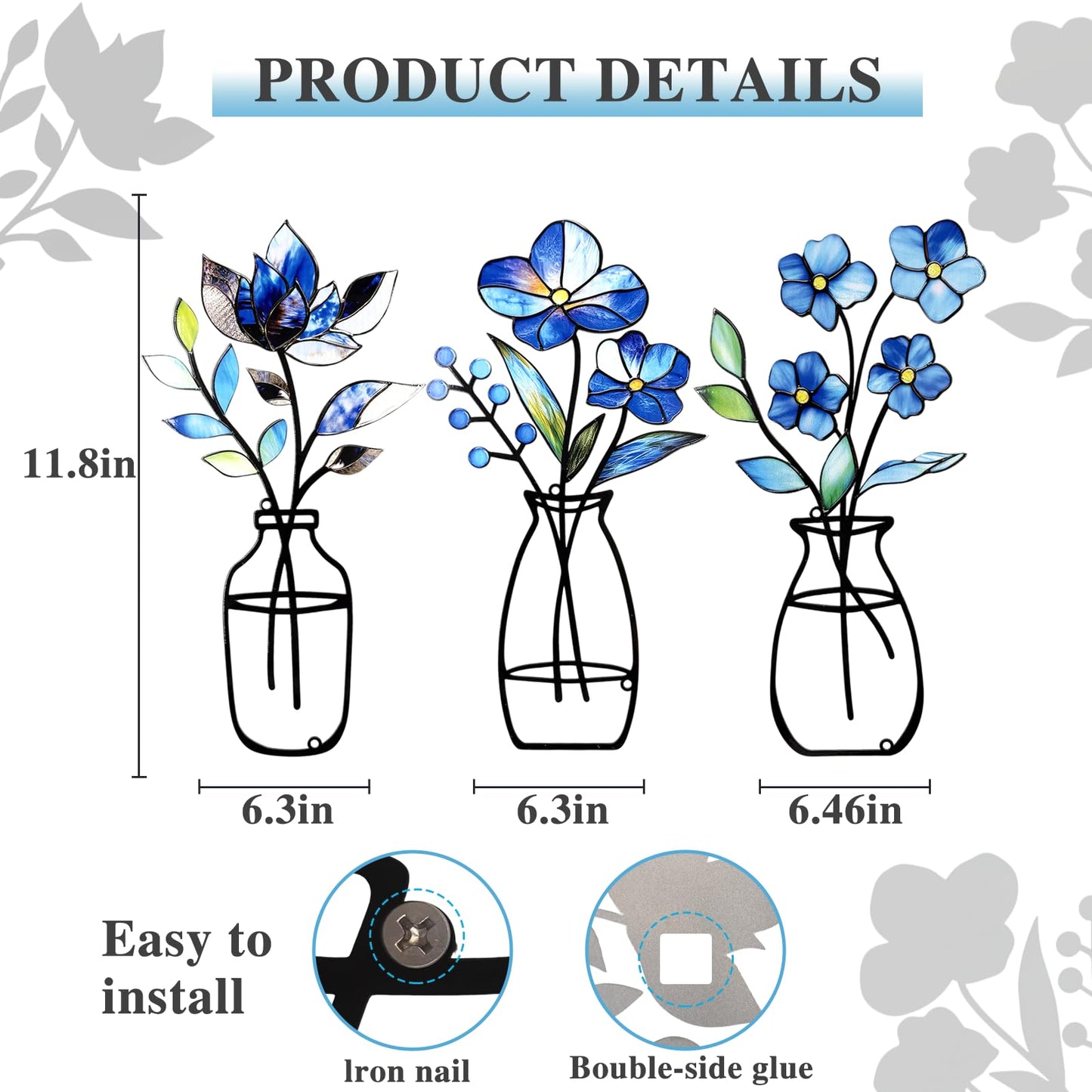 KIROYAL 3 Pcs Metal Vase Wall Arts,Iron Art Painting,Rustic Farmhouse Decor Minimalist Flower Wall Decor for Bedroom Bathroom Living Room Dining Room(Blue, Vase-D)
