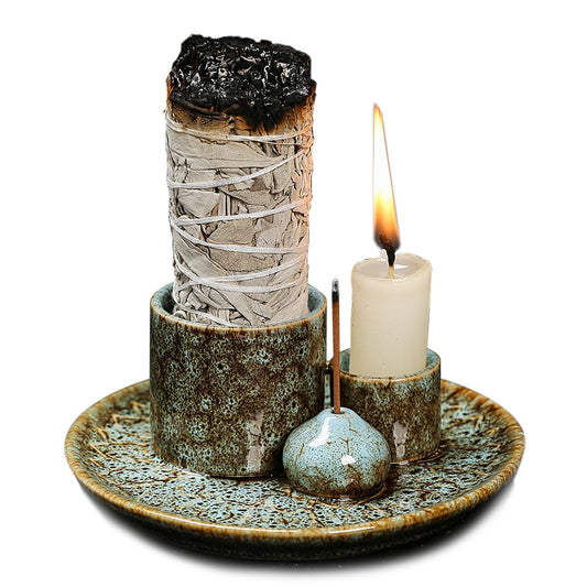 4 in 1 Multifunctional Ceramic Incense and Candle Holder with Ash Catcher Tray Suit for Burning White Sage, Palo Santo Sticks (Blue)
