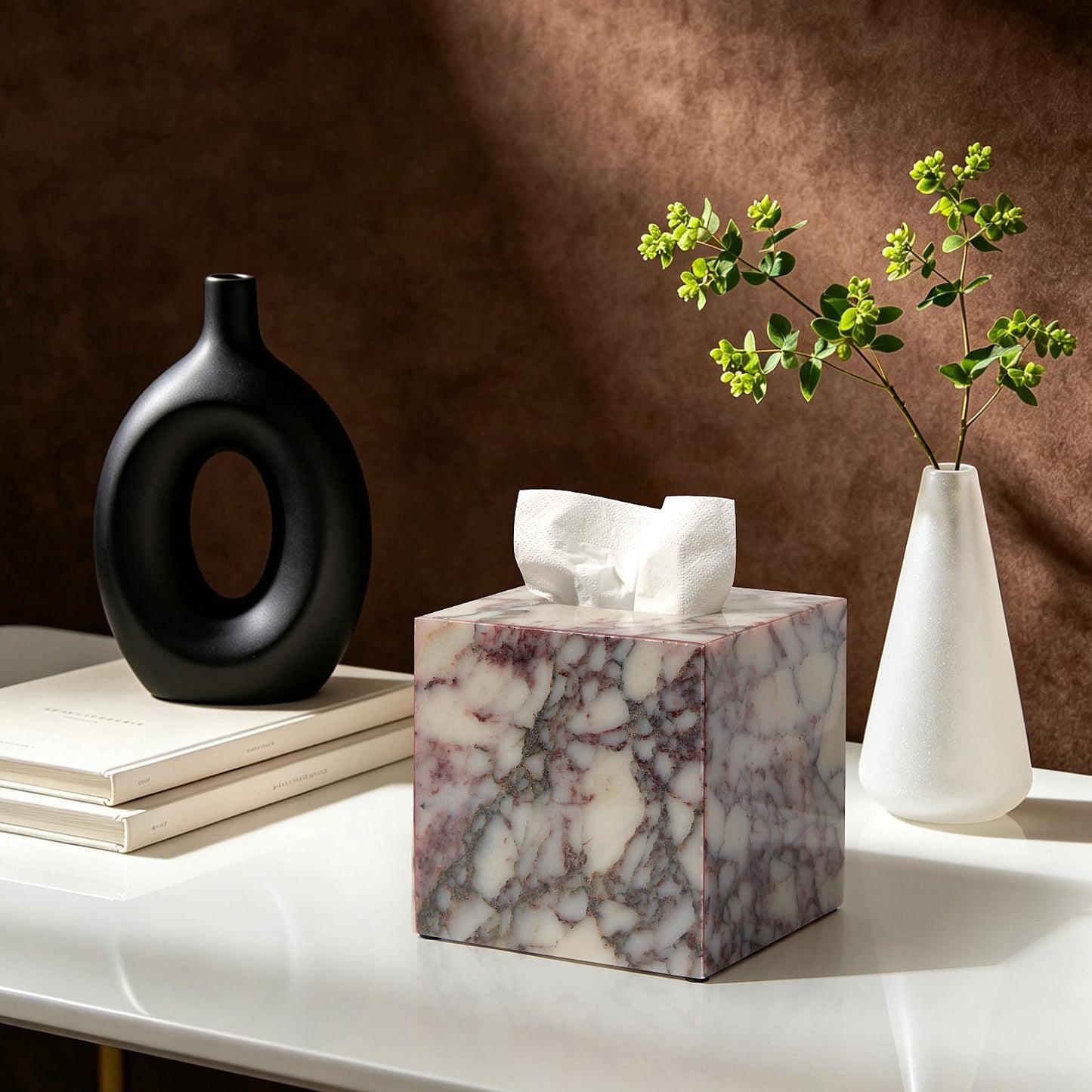 Luxury Natural Calacatta Viola Marble Tissue Box Cover 5.5 Inch Square - Fits Most Standard Tissue Boxes, Heavy-Duty Non-Slip Base, Decor for Bathroom Vanity, Kitchen, Living Room, Office Countertops