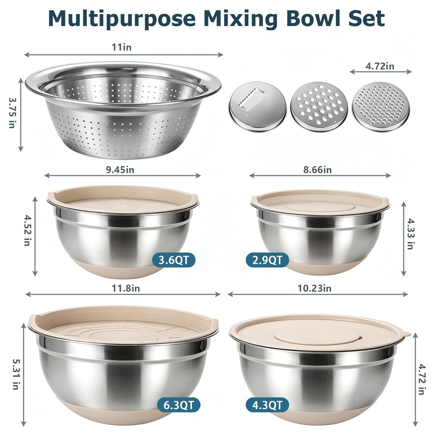 Stainless Steel Mixing Bowls with Airtight Lids Non-Slip Nesting Bowls Set