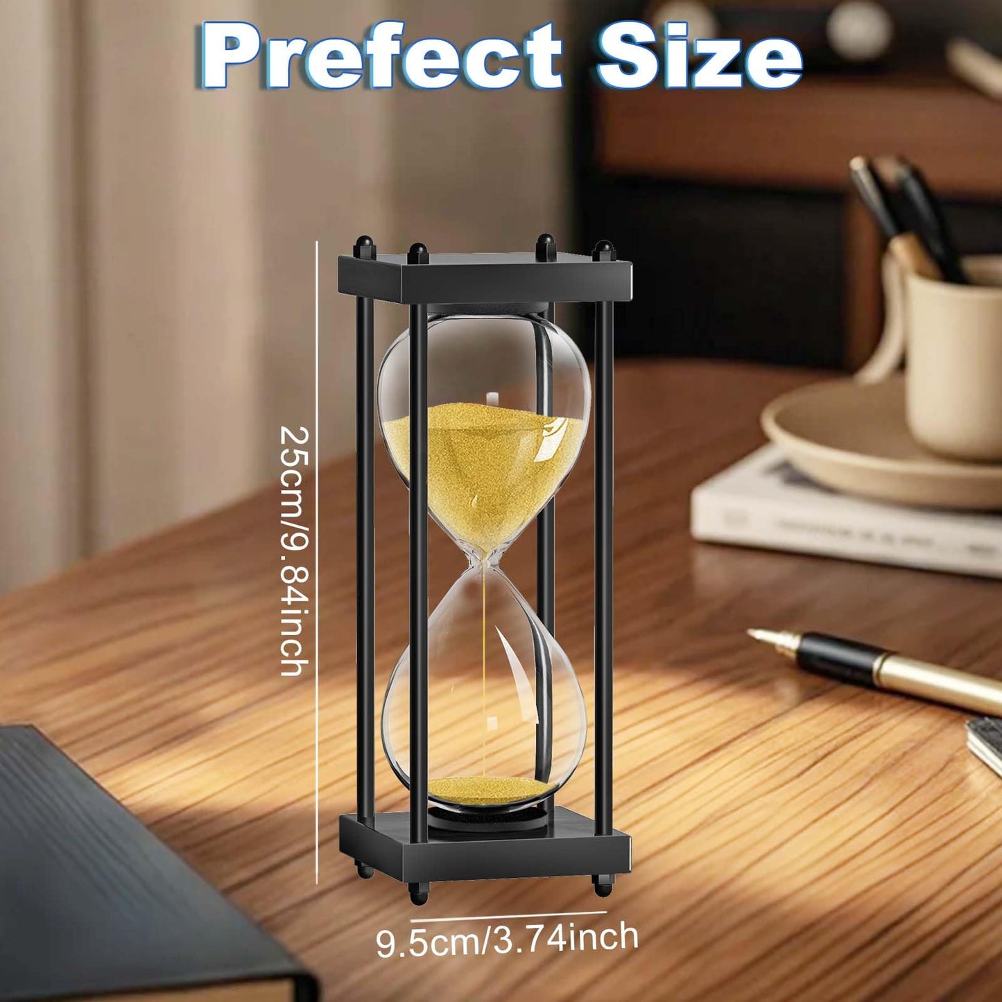 60 Minutes Hourglasses Timer: Large Black Wooden Gold Sand Timer Clock, Reloj De Arena 1 Hora, Sand Watch 60 Min, 1 Hour Sandglass for Home Office Desk Decorative (Gold Sand)