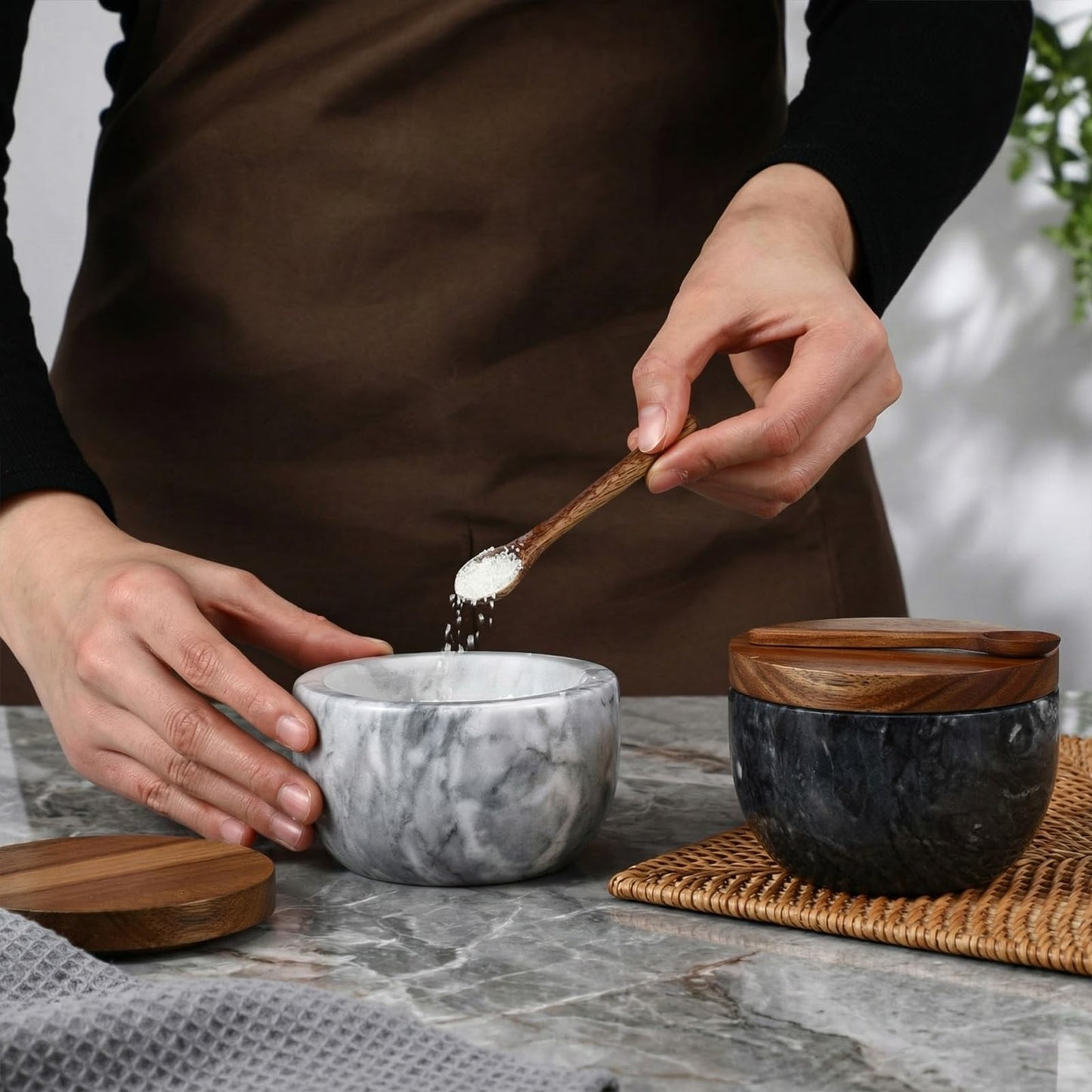Teecyhooo Marble Salt Cellar Set of 4 with Lid and Spoon, Natural Marble Spice Container Bowls with Acacia Wood Lids for Pepper Sugar Seasoning Storage, Kitchen Counter Pinch Bowl Set