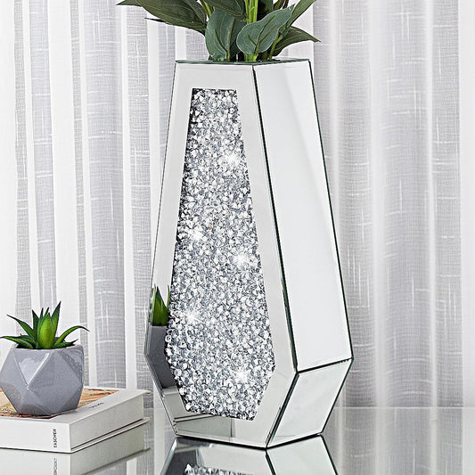 Crushed Diamond Mirrored Flower Vase Large Glass Vase Modern Crystal Decorative Mirror Vases Stunning Luxury Tall Floor Vase for Centerpieces Flowers Home Decor, Silver, 14" H. Can’t Hold Water.