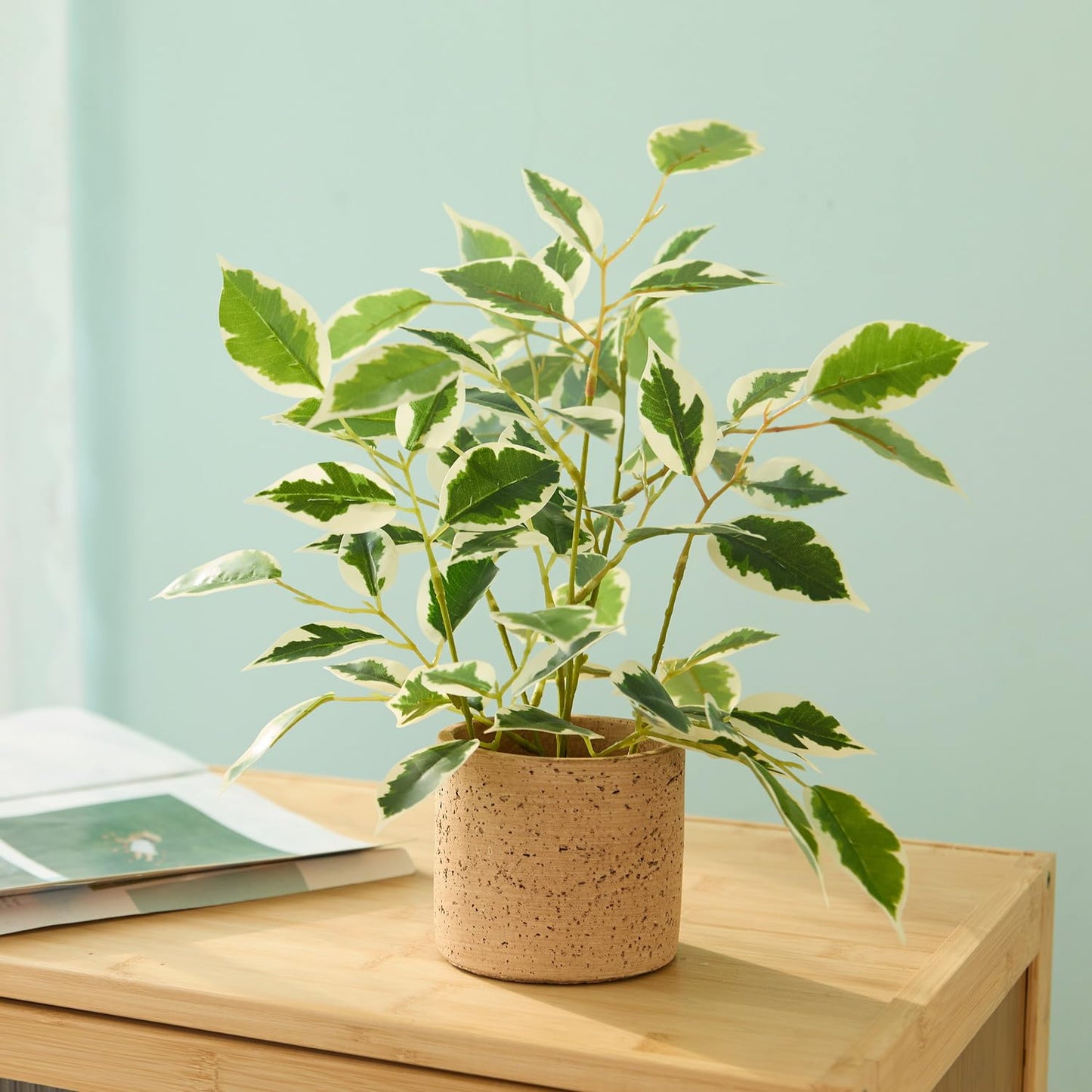 Ainuowei 12.8'' Fake Plants Ficus Plasitc Leaves Artificial Plants with Rustic Cement Planter Realistic Silk Faux Plants Perfect for Home Shelf Bathroom Kitchen Office Indoor Outdoor Decor