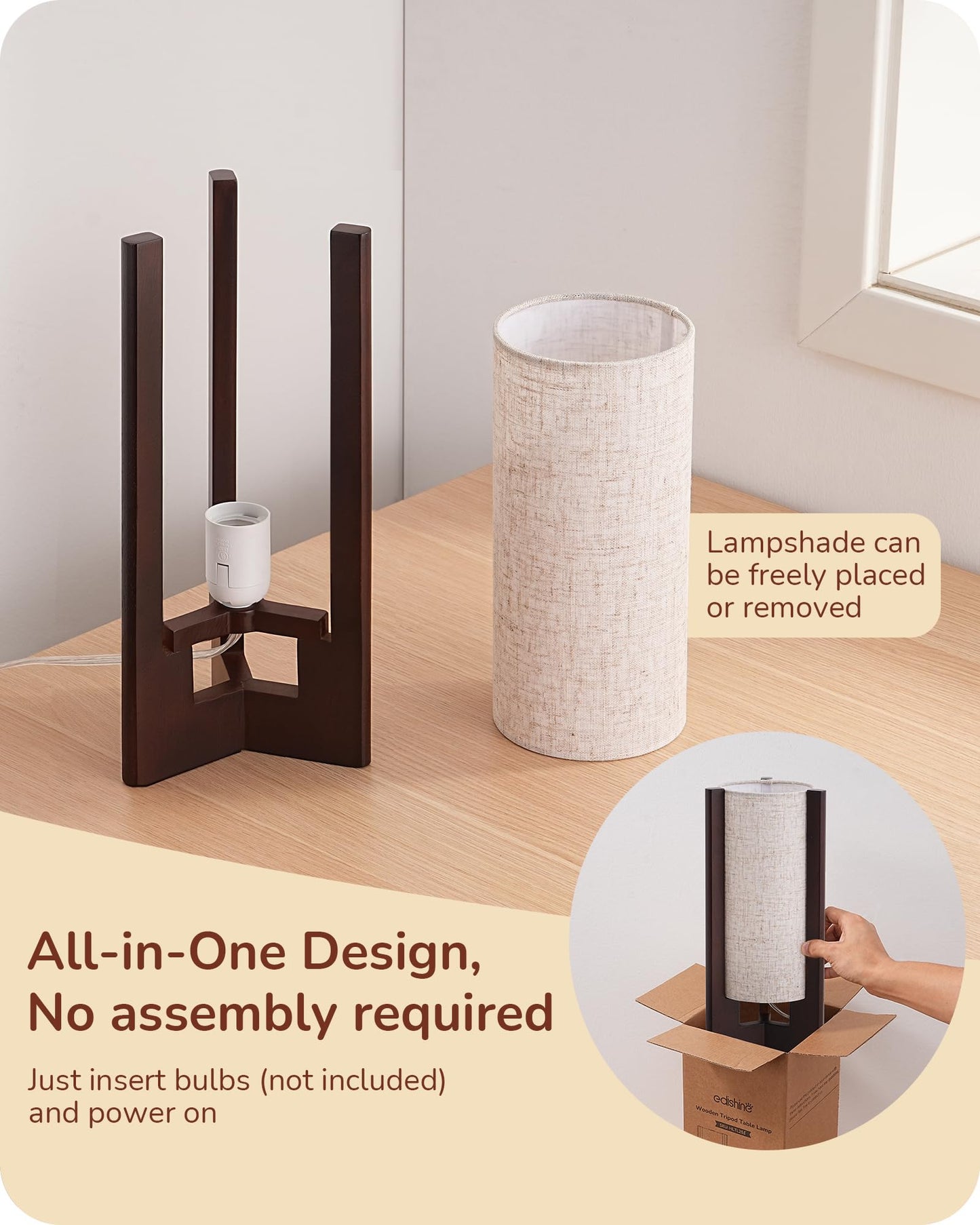 EDISHINE Wood Table Lamp, 13.5" Small Bedside Lamp, Beige Linen Shade, Rosewood Cylinder Nightstand Lamp for Bedroom Living Room, On-Off Line Switch, E26 Base (Bulb Not Included)