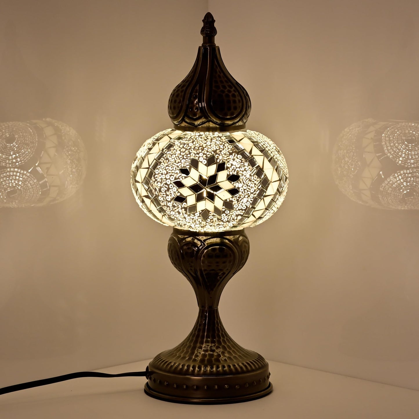 GOGERS Decorative Mosaic Bedside Lamp, Turkish Moroccan Style Table Lamp with White Silver Glass Shade, E12 LED Bulb Included, Warm Ambient Lamp for Nightstand, Bedroom, Living Room (White)