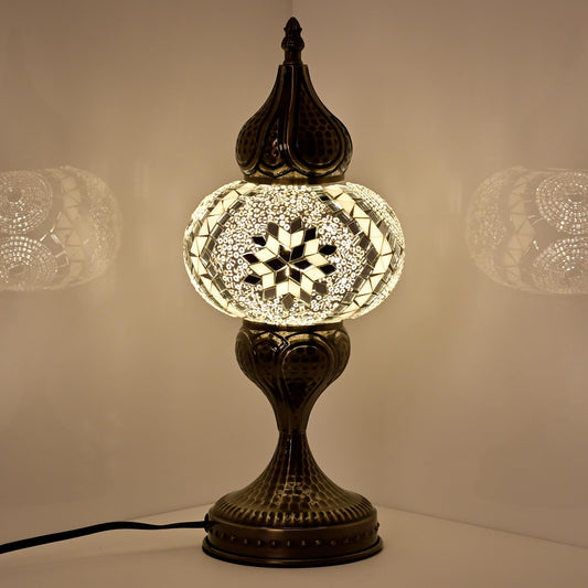 GOGERS Decorative Mosaic Bedside Lamp, Turkish Moroccan Style Table Lamp with White Silver Glass Shade, E12 LED Bulb Included, Warm Ambient Lamp for Nightstand, Bedroom, Living Room (White)