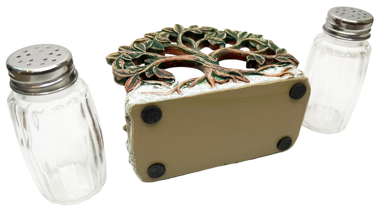 Tree of Life Salt and Pepper Shaker Set - Holder and Two Glass Shakers with Stainless Tops – Decorative Modern Rustic Celtic Spiritual Art