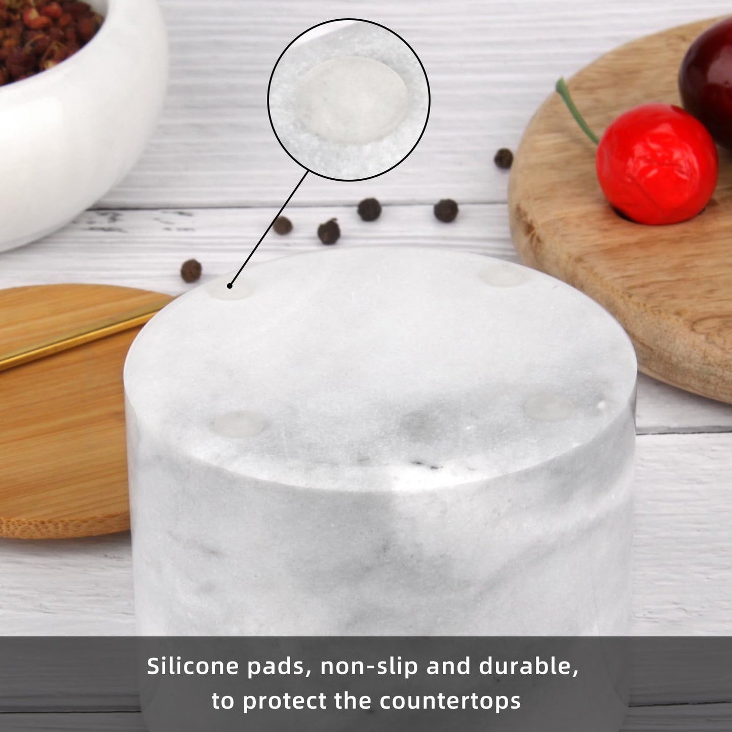 HESHIBI Marble Salt Cellar Box with Bamboo Lid & Metal Spoon, Modern Stone Salt or Pepper Sugar Spice Seasoning Bowl Container Jar Holder Well Keeper Dish Pig Crock for Kitchen (Light Grey)