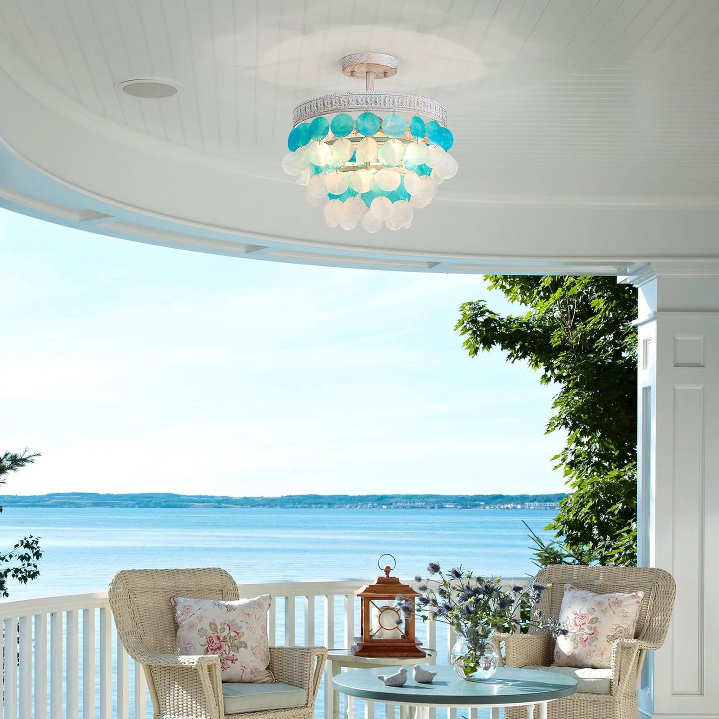 ElegLumi Capiz Shell Ceiling Light, 3-Light Gold Capiz Shell Close to Ceiling Light Fixture for Dining Room, Bedroom, Hallway, D13 × H13inch, Vintage White Finish Frame & Blue Capiz Shell