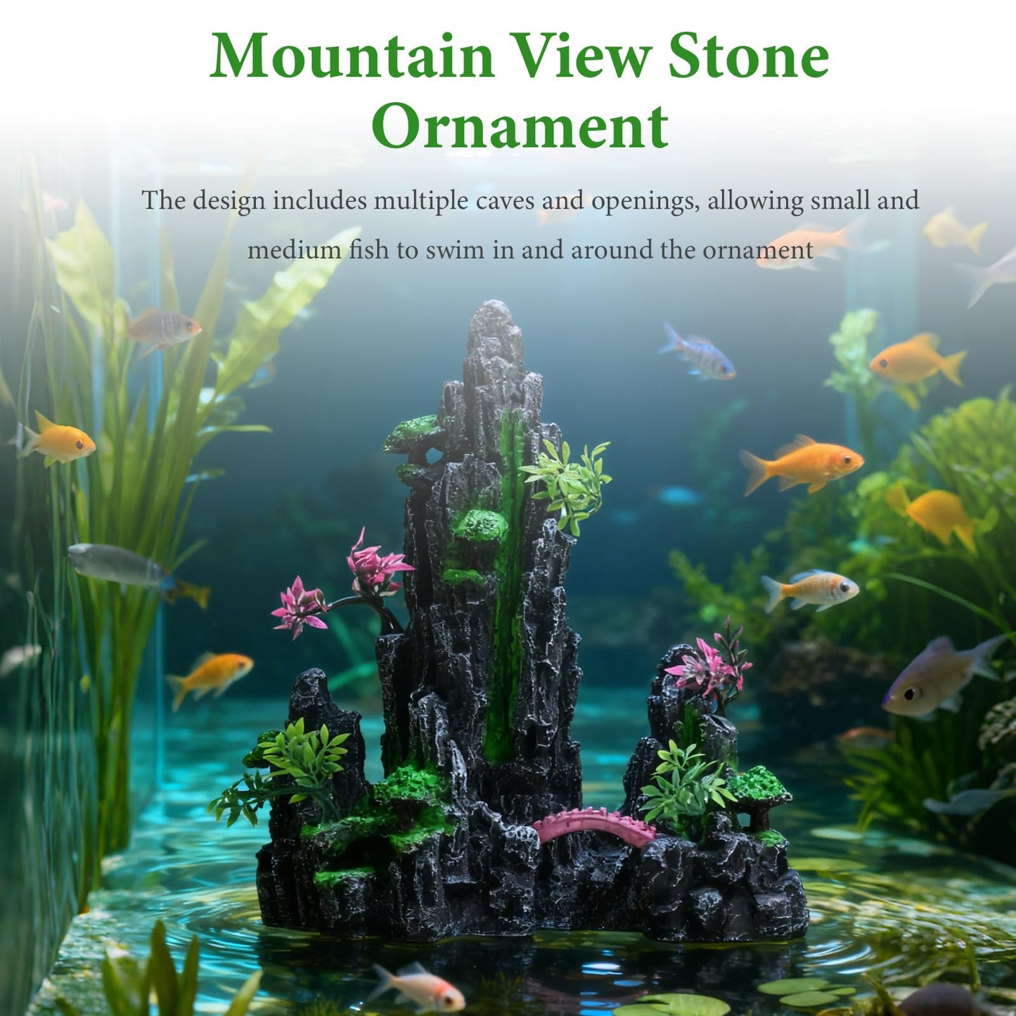 ZUDKSUY Aquarium Mountain View Stone Ornament, Resin Aquarium Cave with Trees Grasss, Fish Tank Decoration for Freshwater & Saltwater Tanks Fish Rest Play Hiding Cave