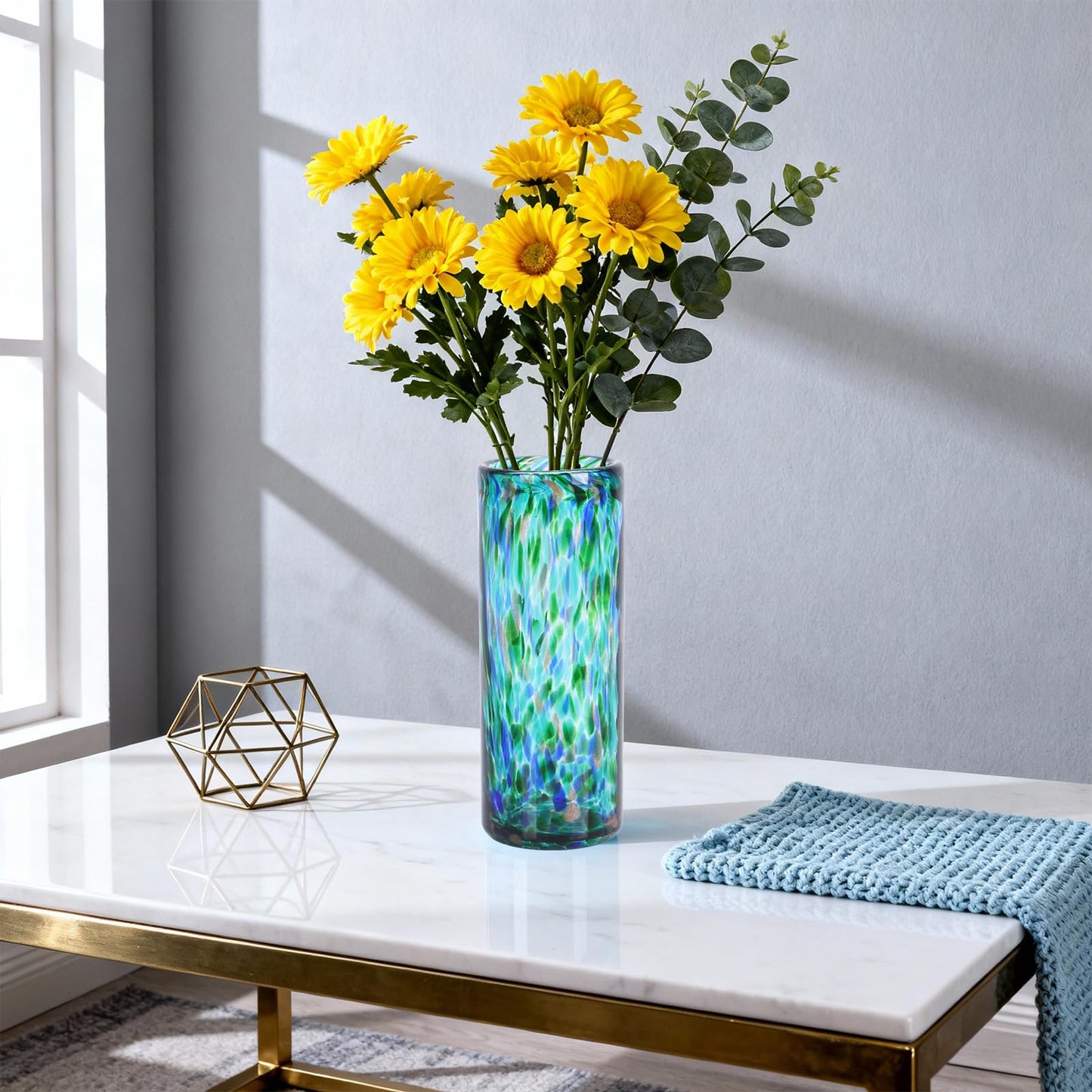 9.45" Tall Teal Vase Hand Blown Glass Vase Green, Modern Teal Home Centerpieces Wide Mouth Vases for Bud&Flower Decor - Ideal Living Room, Kitchen, Wedding, Dining Table, Office Center Table
