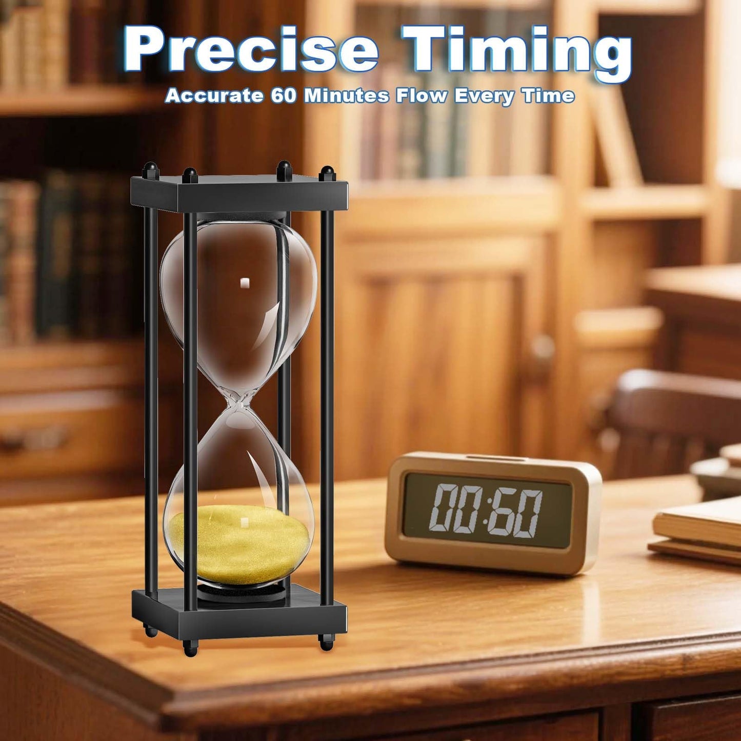 60 Minutes Hourglasses Timer: Large Black Wooden Gold Sand Timer Clock, Reloj De Arena 1 Hora, Sand Watch 60 Min, 1 Hour Sandglass for Home Office Desk Decorative (Gold Sand)