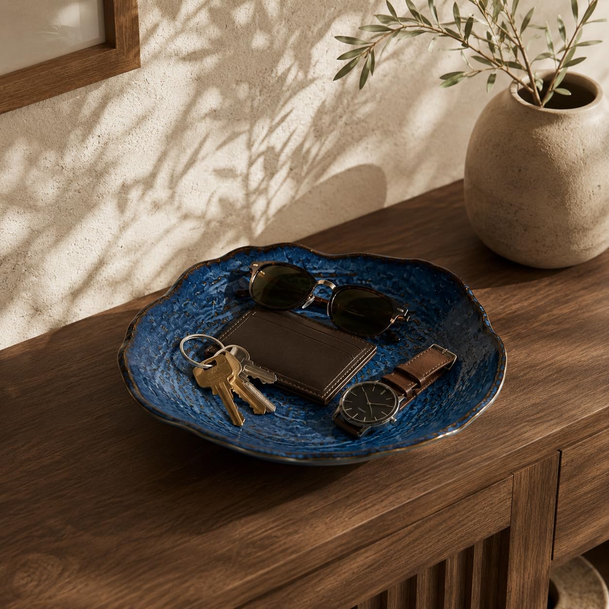 Blue Ceramic Decorative Bowl, 9.65 In Reactive Glaze Style Centerpiece
