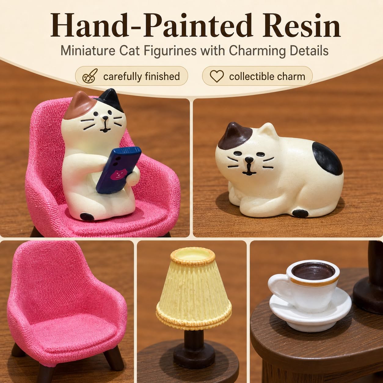 Edyocey Miniature Cat Figurines Set, 4-Piece Resin Cat with Sofa and Lamp, Desk Decor for Office and Home, Gift for Cat Lovers