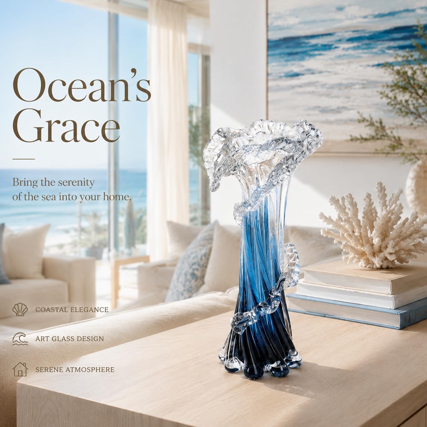 12" H Blue Blown Glass Vase, Modern Art Hand Blown Coastal Vase,Beautiful Unique Ocean Wave Centerpieces for Living Room, Bedroom, Office Desktop,Coffee Table and Wedding Decorative (L)