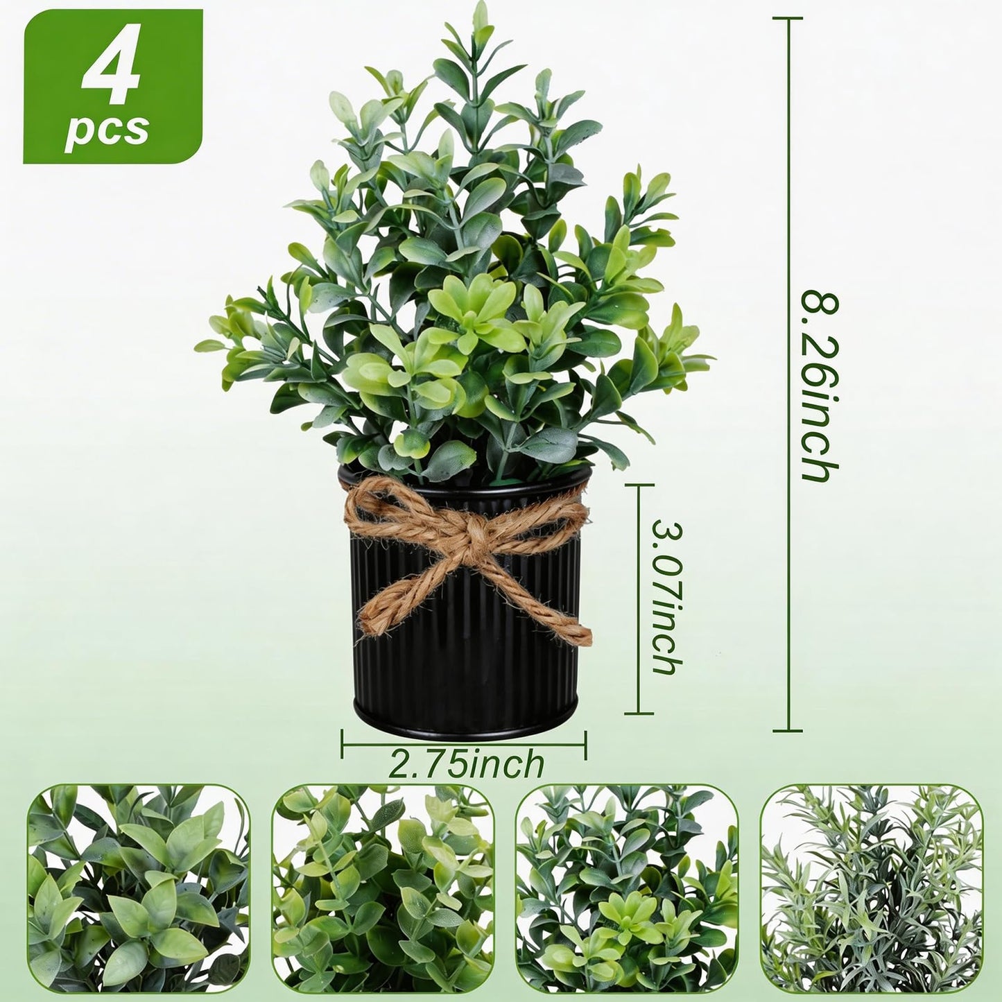 Yoratee 4 Potted Artificial Plants Metal Fake Potted Plant with Iron Pot Mini Greenery Decor Small Faux Plants for Indoor Farmhouse Home Porch Garden Bathroom Room Décor Black