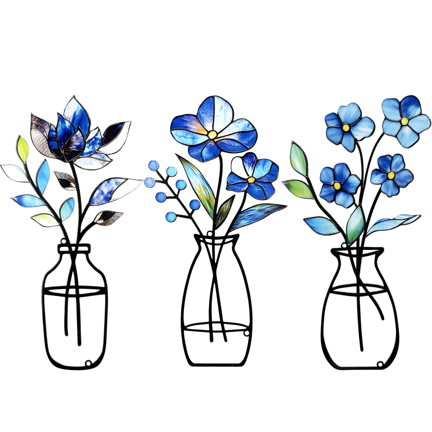 KIROYAL 3 Pcs Metal Vase Wall Arts,Iron Art Painting,Rustic Farmhouse Decor Minimalist Flower Wall Decor for Bedroom Bathroom Living Room Dining Room(Blue, Vase-D)