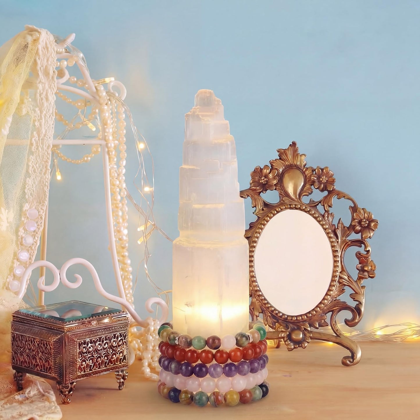 RattanView Large Selenite Tower 8'' Selenite Bracelet Holder Display Organizer Stand Healing Cleansing Recharging Home Decor