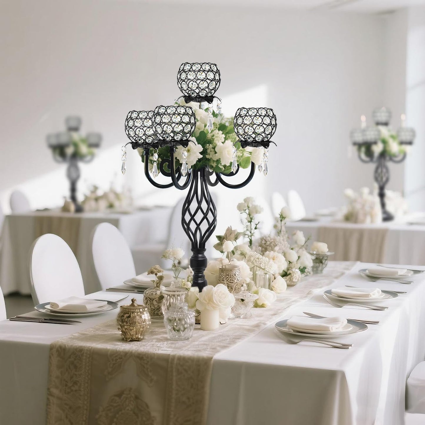 Kehail 5-Arm Crystal Candelabra Centerpiece 23.2" Tall - Elegant Candle Holder Stand with Crystal Bowl, Chic Table Decor for Weddings, Parties, Anniversary & Home Decoration (2, Black)