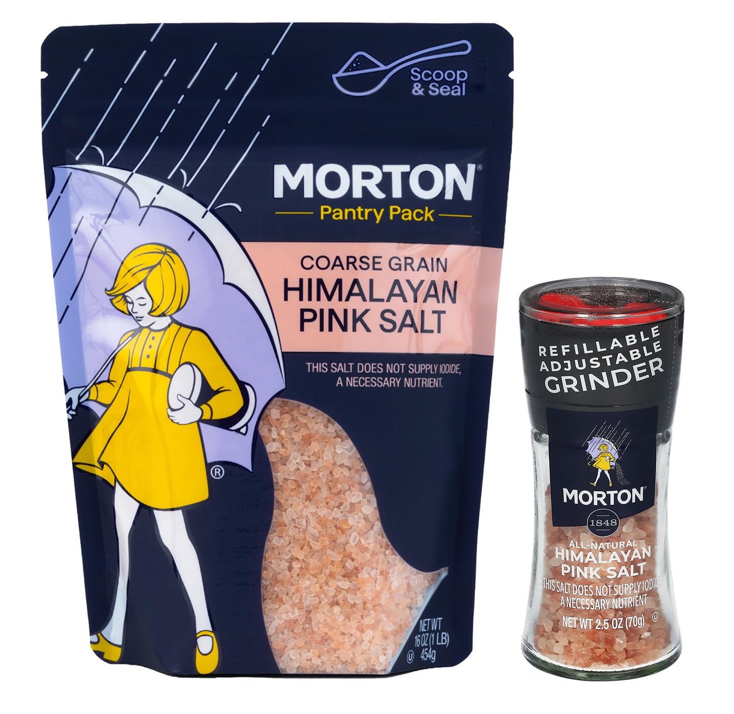 Morton Himalayan Pink Salt, 2-Piece Bundle Set, Grinder, 2.5oz, & Coarse Grain Refill Pouch, 16oz
