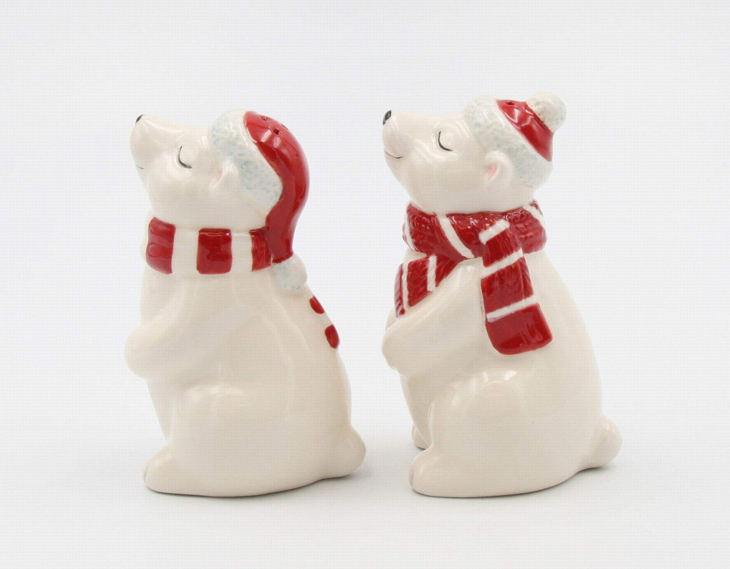 Fine Ceramic Christmas Holidays Polar Bear Couple Wearing Santa's Hat and Scarf Salt & Pepper Shakers Set, 3-5/8" H