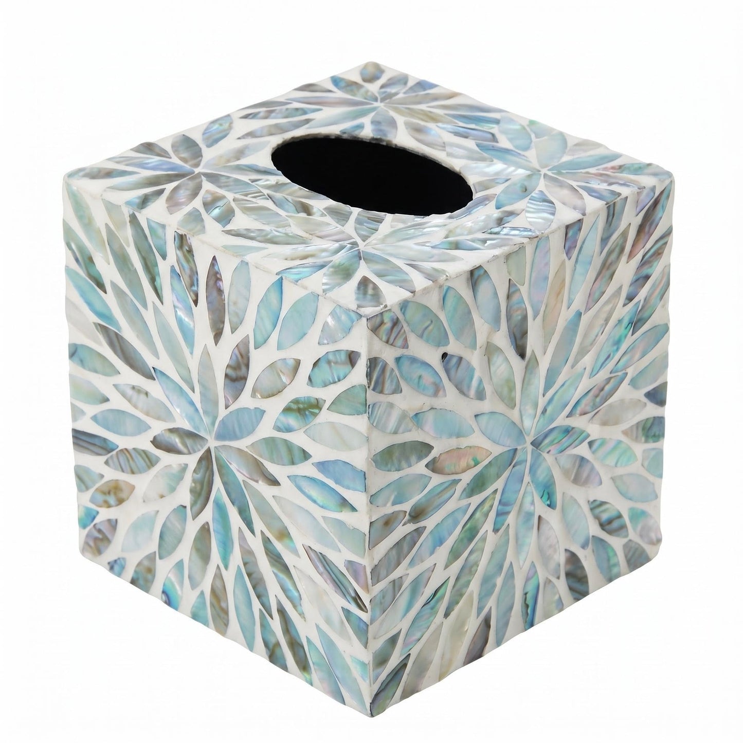 Elegant Mother of Pearl Tissue Box Cover, 5.9 Inch Cube Square Napkin Holder, Decorative Table & Bathroom Organizer with Rustic Charm, Mother of Pearl Bathroom Accessories (Seafoam)