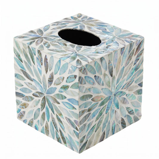 Elegant Mother of Pearl Tissue Box Cover, 5.9 Inch Cube Square Napkin Holder, Decorative Table & Bathroom Organizer with Rustic Charm, Mother of Pearl Bathroom Accessories (Seafoam)