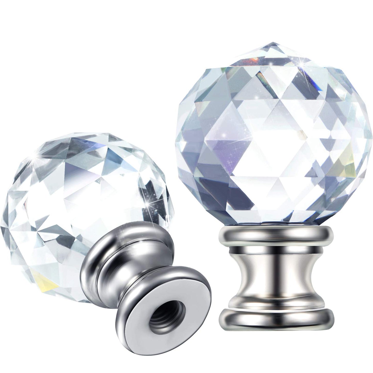 Mudder 2 Pieces Crystal Lamp Finials Decorative Lamp Shade Screw Cap Clear Top Knob with Polished Chrome Base 1-3/4 Inches Diamond Knob(Silver Base)