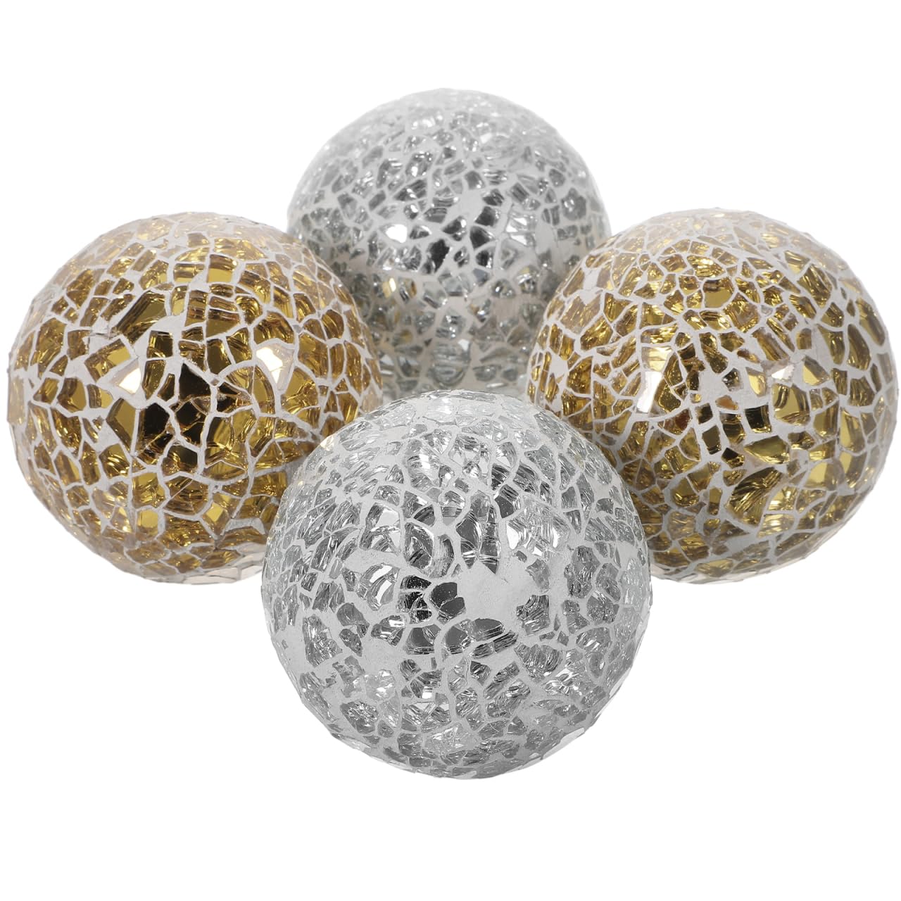 Amosfun 4Pcs Mosaic Glass Balls 3.1 Inch Decorative Orbs for Bowls Table Vases Home Decor Accents Silver and Gold