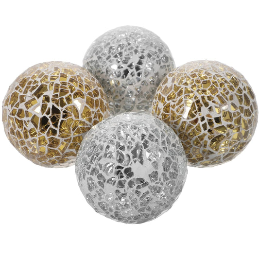 Amosfun 4Pcs Mosaic Glass Balls 3.1 Inch Decorative Orbs for Bowls Table Vases Home Decor Accents Silver and Gold