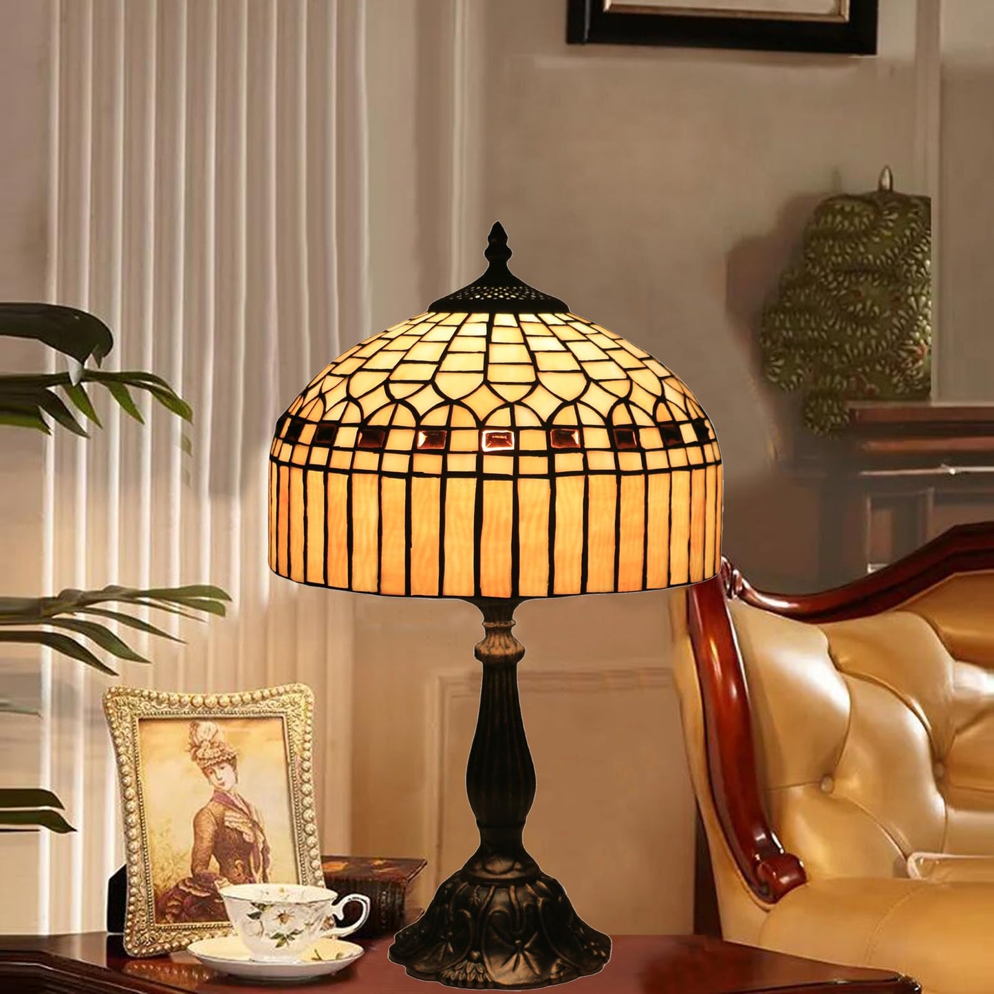 tuomoxte Tiffany Table Lamp, Gold Stripe Stained Glass Shade Bedside Table Lamps,Hand-Made Antique Nightstand Lamp for Bedroom Living Room Home Office+E26 LED Bulb,12X12X19 Inches