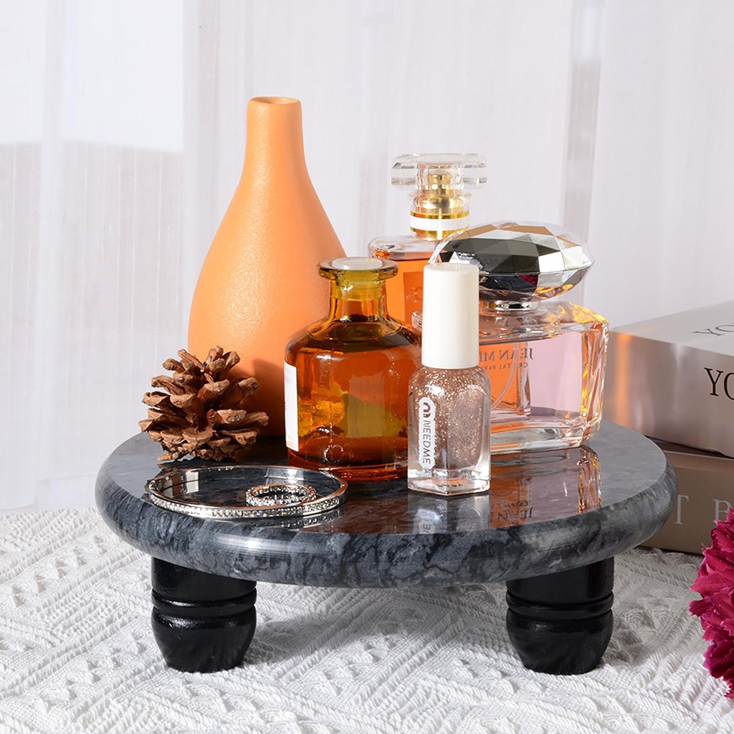 SIPARUI Decorative Round Marble Riser for Display,Marble Pedestal Tray for Home,Kitchen and Bathroom Countertop Organizer Counter Decor Tray.The Decorative Tray Non-slip,Stable（Black Gray）